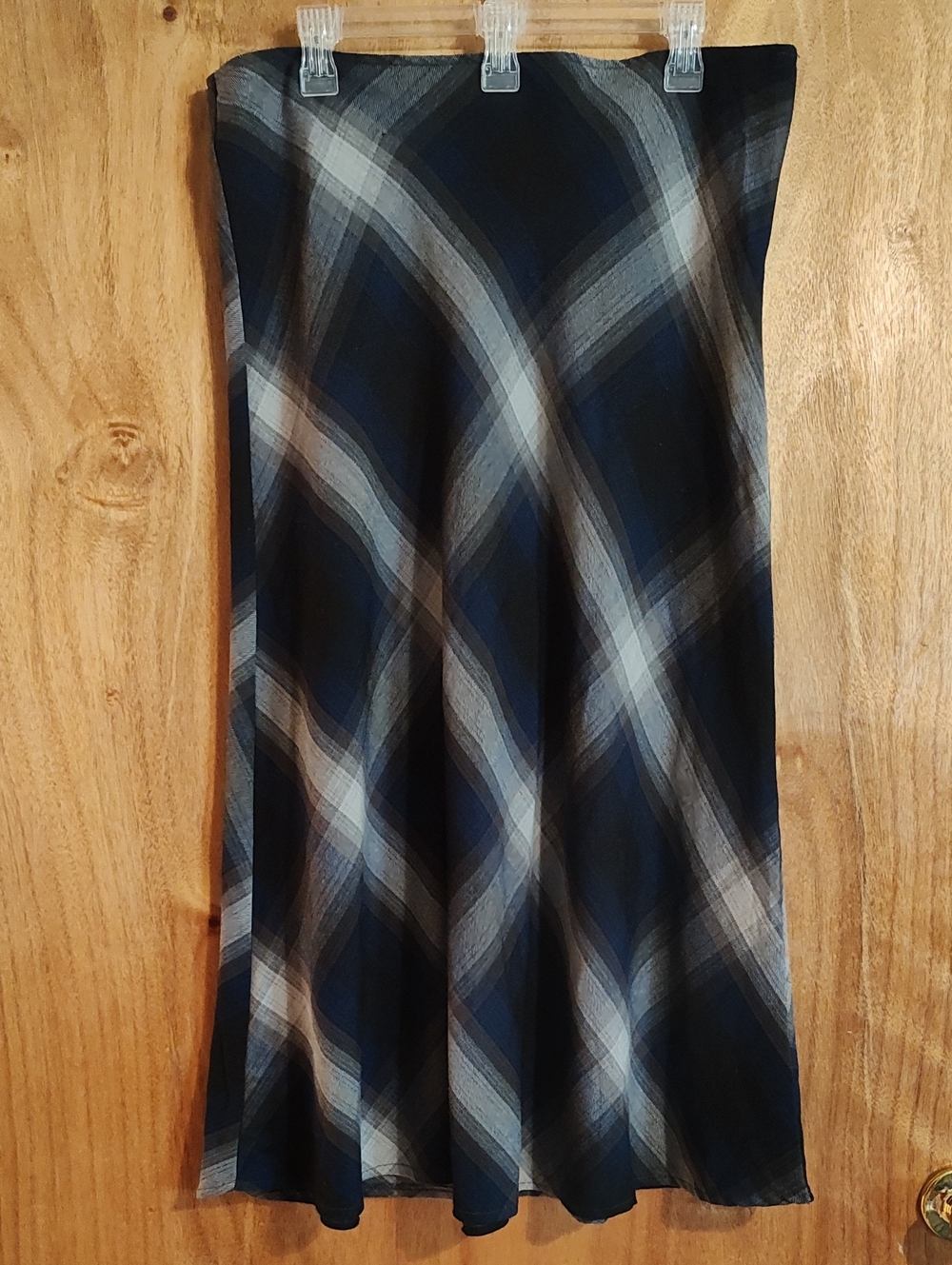 Cato Bias Cut Midi Skirt Plaid Blue Black Gray Office Modest Side Zip Flared 16